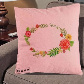 Perna Decorativa Coroana Florala Acuarela, 40x40 cm, Roz, Husa Detasabila, Perna Inclusa, BEKZ®