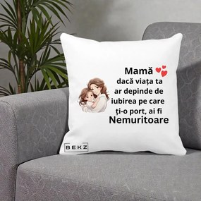 Cadou pentru Mama - Perna Personalizata Mama Nemuritoare cu Balon Inima, 40x40 cm, Alba Mata, Husa Detasabila, Perna Inclusa, BEKZ®