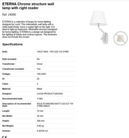 Aplica cu reader LED pe dreapta design elegant ETERNA crom/alb