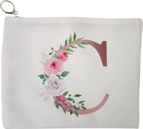Portfard Cosmetice tip Plic, Cu litera C Rose Gold si Trandafiri, 23x18 cm, Alb, BEKZ®