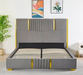 Pat Tapitat din Catifea Gri cu Somiera si Saltea ,   160x200 cm, Cod LB-215