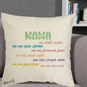 Cadou pentru Mama - Perna Personalizata Mama Cel Dintai Cuvant cu Text Colorat Multicolor, 40x40 cm, Ecru, Husa Detasabila, Perna Inclusa, BEKZ®