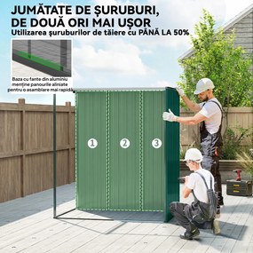 Outsunny Căsuță de Grădină 1.37m² din Metal, Montare Ușoară, Spațiu de Depozitare Unelte Grădină cu Ventilație, Ușă Culisantă, Acoperiș Înclinat și Mănuși, 159x106x181 cm, Verde | Aosom Romania