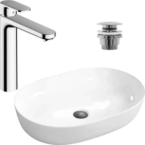 Pachet lavoar pe blat Rea Cleo alb 61 cm, baterie lavoar Hansgrohe Vernis Blend crom si ventil lavoar Click-Clack crom