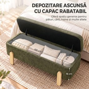 HOMCOM Bancă cu Depozitare 108x40x40 cm, Șezut Tapițat 2 Locuri din Șenilă, Picioare din Lemn, Verde | Aosom Romania