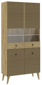 Mazzoni Vitrină BERLINI 4D Stejar Artisan/negru - DULAP CU 2 UȘI CU FRONT NERVURAT