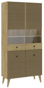 Mazzoni Vitrină BERLINI 4D Stejar Artisan/negru - DULAP CU 2 UȘI CU FRONT NERVURAT