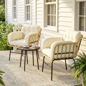 Outsunny Set mobilier exterior 3 piese din rășină împletită, masă din sticlă securizată, 2 fotolii cu perne, 62x73x79cm, Kaki | Aosom Romania