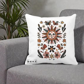 Perna Decorativa Soare Boho Folk Fluturi, 40x40 cm, Alba Mata, Husa Detasabila, Perna Inclusa, BEKZ®