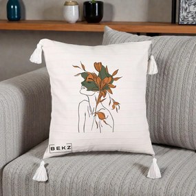 Perna Decorativa Portret Feminin Crin Auriu, 40x40 cm, Bej cu Franjuri, Husa Detasabila, Perna Inclusa, BEKZ®
