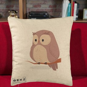 Perna Decorativa Bufnita Kawaii pe Creanga, 40x40 cm, Bej, Husa Detasabila, Perna Inclusa, BEKZ®