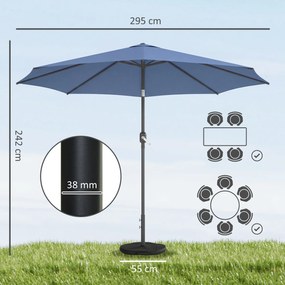 Outsunny Umbrelă de soare Ø295 cm, UV 30+ umbrelă rotundă pentru balcon, umbrelă de plajă, umbrelă de piață pentru plajă balcon grădină, Albastru | Aosom Romania