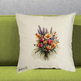 Perna Decorativa Buchet Mixt Acuarela Lavanda-Trandafiri, 40x40 cm, Ecru, Husa Detasabila, Perna Inclusa, BEKZ®
