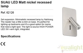 Lampa de perete cu reader LED incastrabila design modern minimalist SUAU nickel 62126