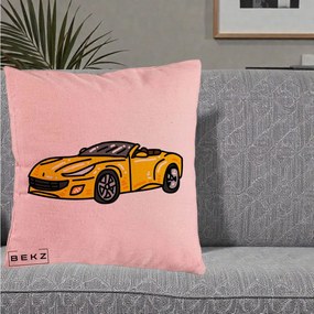 Perna Personalizata Masina Cabriolet Galbena Grafic, 40x40 cm, Roz, Husa Detasabila, Perna Inclusa, BEKZ®