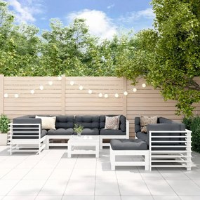 3186096 vidaXL Set mobilier de grădină cu perne, 10 piese, alb, lemn masiv
