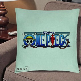 Perna Personalizata One Piece Clasic Albastru, 40x40 cm, Verde Menta, Husa Detasabila, Perna Inclusa, BEKZ®