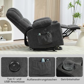 HOMCOM Fotoliu electric cu sistem de ridicare Power Lift, funcție de masaj și încălzire, conectori USB, suporturi pentru pahare, Gri închis | Aosom Romania