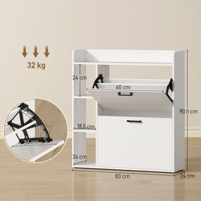 HOMCOM Dulap pentru pantofi slim cu 2 sertare rabatabile și 3 rafturi, Capacitate 15 perechi, 83x24x90.5 cm, Alb | Aosom Romania