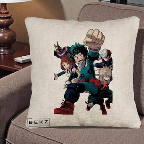 Perna Personalizata My Hero Academia Izuku Deku si Echipa, 40x40 cm, Bej Canapea, Husa Detasabila, Perna Inclusa, BEKZ®