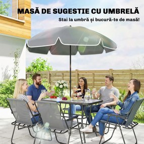 Outsunny Set de Masă de Grădină 8 Piese cu Umbrelă, Set Mobilier Grădină cu 6 Scaune Pliabile, Masă din Sticlă Temperată și Umbrelă pentru Terasă, Gri | Aosom Romania
