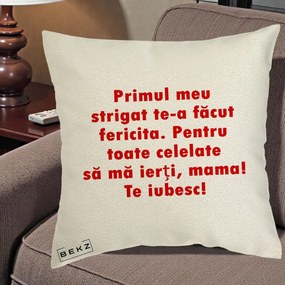 Cadou pentru Mama - Perna Personalizata Primul Strigat Mama, 40x40 cm, Ecru, Husa Detasabila, Perna Inclusa, BEKZ®