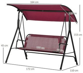 Outsunny Balansoar de Grădină cu 3 Locuri, Copertină Parasolar Reglabilă și Șezut Respirabil, 172x110x153 cm, Roșu Vin | Aosom Romania