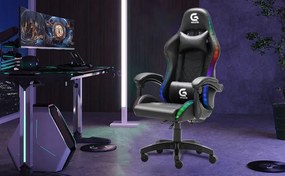 Scaun de gaming cu LED, masaj în perna lombară, design Racing, funcție recliner, telecomanda, Negru