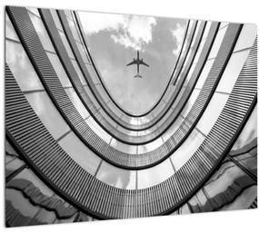 Tablou pe sticlă - Avionul deasupra clădirii (70x50 cm)