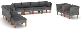 Set mobilier gradina 10 piese gri poliratan lemn de eucalipt Gri, 3x canapea de colt + 4x canapea de mijloc + 2x fotoliu + suport pentru picioare, 1