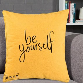 Perna Decorativa Be Yourself Caligrafie Neagra, 40x40 cm, Galben, Husa Detasabila, Perna Inclusa, BEKZ®