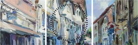 Tablou - Strada orașului vechi, pictură acrilică (cu ceas) (90x30 cm)