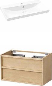 Set dulap baza suspendat KolpaSan Storia 2 sertare 90 cm finisaj acacia cu lavoar ceramic alb