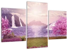 Tablou cu pomi roz cu lac (90x60 cm)