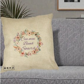 Cadou pentru Soacra - Perna Personalizata Cea mai Buna Soacra cu Coronita Flori Boho Pastel, 40x40 cm, Crem, Husa Detasabila, Perna Inclusa, BEKZ®