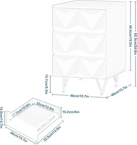 NOA234 - Set 2x Noptiere albe 40 cm, cu 3 sertare - Alb - Auriu