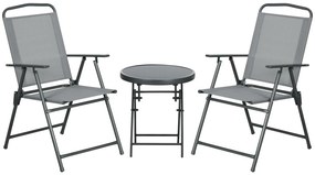 Outsunny Set de Exterior din 3 Piese cu Masă cu Blat din Sticlă și 2 Scaune Pliabile din Plasă, Ф45x50 cm, Gri Deschis | Aosom Romania