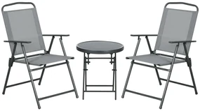 Outsunny Set de Exterior din 3 Piese cu Masă cu Blat din Sticlă și 2 Scaune Pliabile din Plasă, Ф45x50 cm, Gri Deschis | Aosom Romania