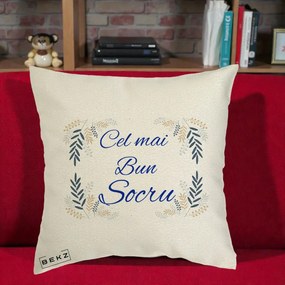 Cadou pentru Socru - Perna Personalizata Cel mai Bun Socru cu Ramuri Frunze Albastre si Aurii, 40x40 cm, Ecru, Husa Detasabila, Perna Inclusa, BEKZ®