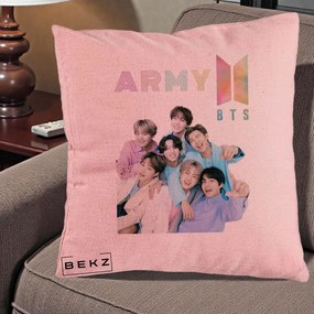 Perna Personalizata K-pop BTS ARMY Fotografie Grup Veseli, 40x40 cm, Roz, Husa Detasabila, Perna Inclusa, BEKZ®
