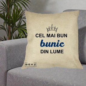Cadou pentru Bunic - Perna Personalizata Cel Mai Bun Bunic Din Lume Coroana Albastra, 40x40 cm, Crem, Husa Detasabila, Perna Inclusa, BEKZ®