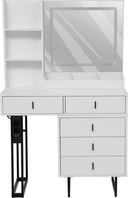 Set SELENE – Masă de Toaletă pentru Machiaj, Extensibilă 90–130 cm, Oglinda Iluminata LED, 5 sertare, Rafturi, priză integrată cu USB, Scaun, Alb/Negru