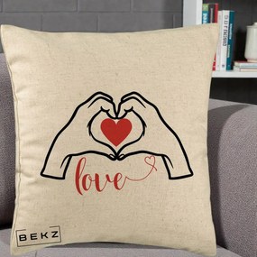 Perna Decorativa Love Maini Inima cu Inscriptie Love Rosu, 40x40 cm, Bej, Husa Detasabila, Perna Inclusa, BEKZ®