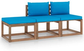 Set mobilier gradina paleti cu perne, 3 piese, lemn pin tratat Albastru deschis, 2x mijloc + suport pentru picioare, 1