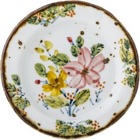 Set 4 farfurii din ceramică artizanală albă cu motive florale roz pictate manual și margine aurie, 15×1,5 cm, "Savina"