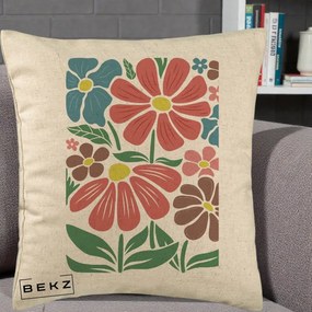 Perna Decorativa Flori Grafice Colorate Retro, 40x40 cm, Bej, Husa Detasabila, Perna Inclusa, BEKZ®