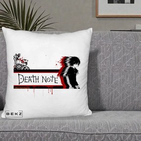 Perna Personalizata Death Note L Lawliet Rosu-Negru, 40x40 cm, Alb Pufos, Husa Detasabila, Perna Inclusa, BEKZ®