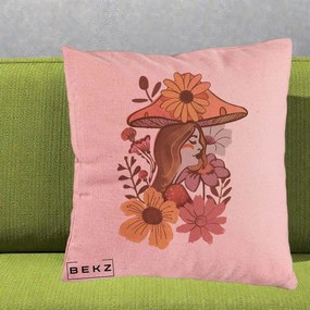 Perna Decorativa Fata Ciuperca Florala Boho, 40x40 cm, Roz, Husa Detasabila, Perna Inclusa, BEKZ®