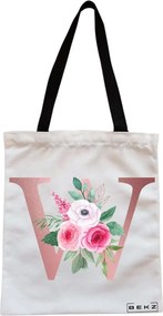 Sacosa de Panza pentru Cumparaturi, Geanta Tote, Cu litera W Rose Gold si Trandafiri, Cu fermoar, 38x34.5 cm, Alba, BEKZ®
