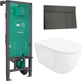 Rezervor incastrat Hansgrohe iFrame 112 cm cu clapeta iFrame Element E negru periat plus vas WC Rune Ivaldi Grande alb cu capac softclose